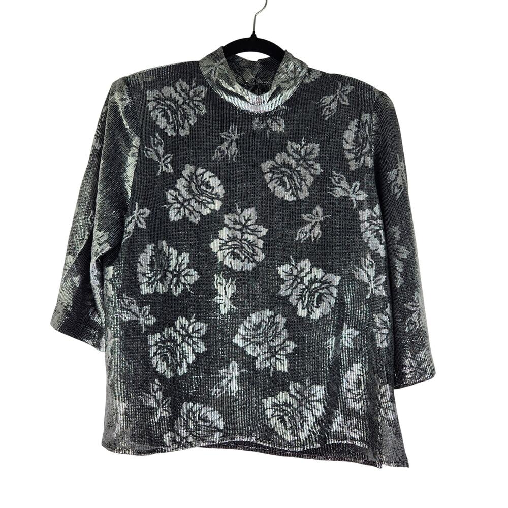 VTG Frejani Silver Metallic High Neck Floral Blouse Women's Size 16 Evening